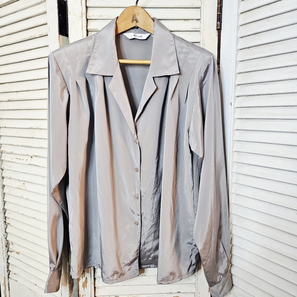 Vintage 80s Silver Grey Pleated Blouse Small/Medium
